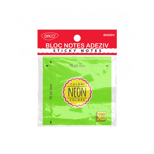 BLOC NOTES ADEZIV 76X76 VERDE NEON DACO BN200V