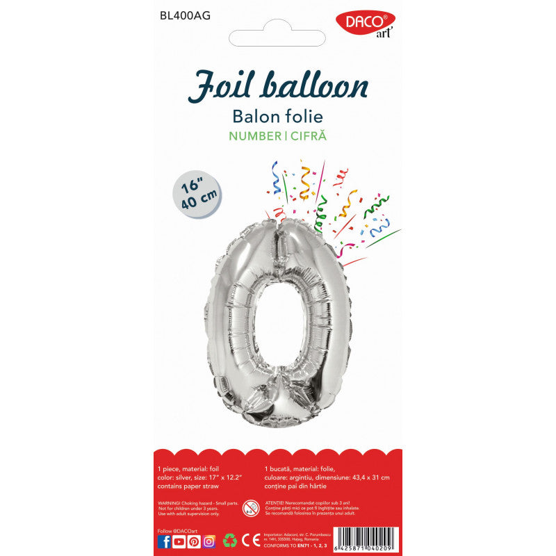 BALON FOLIE CIFRA 0 ARGINTIU 40 CM DACO BL400AG