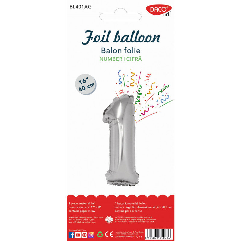 BALON FOLIE CIFRA 1 ARGINTIU 40 CM DACO BL401AG