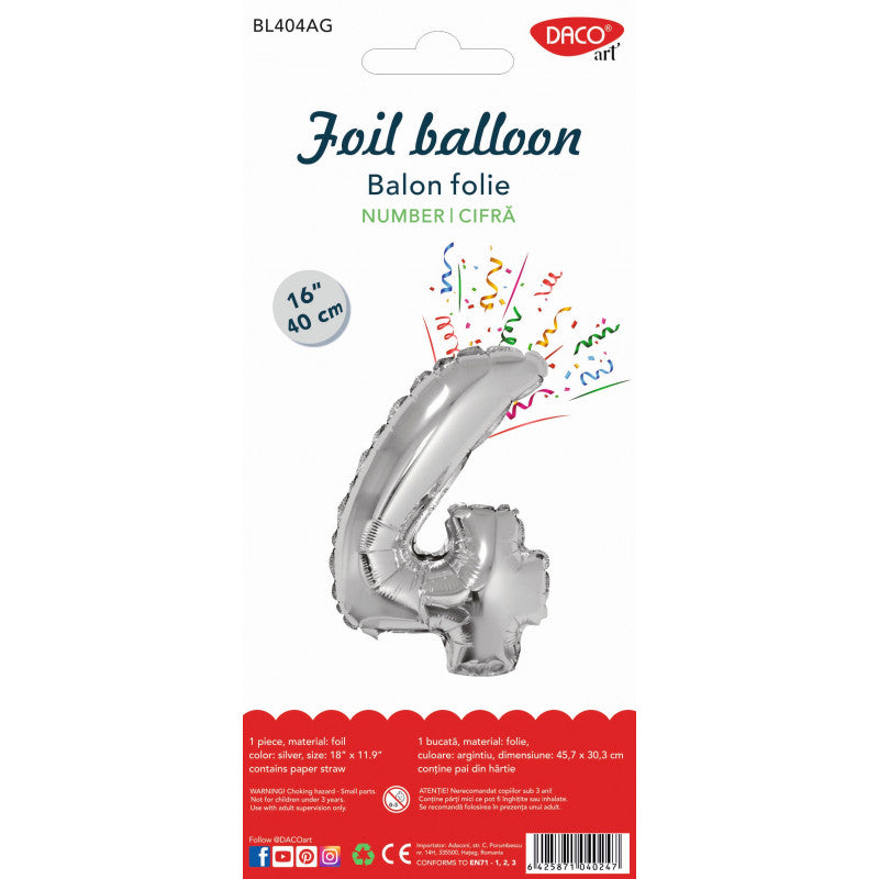 BALON FOLIE CIFRA 4 ARGINTIU 40 CM DACO BL404AG