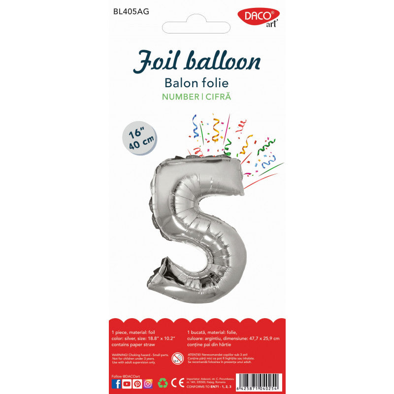 BALON FOLIE CIFRA 5 ARGINTIU 40 CM DACO BL405AG