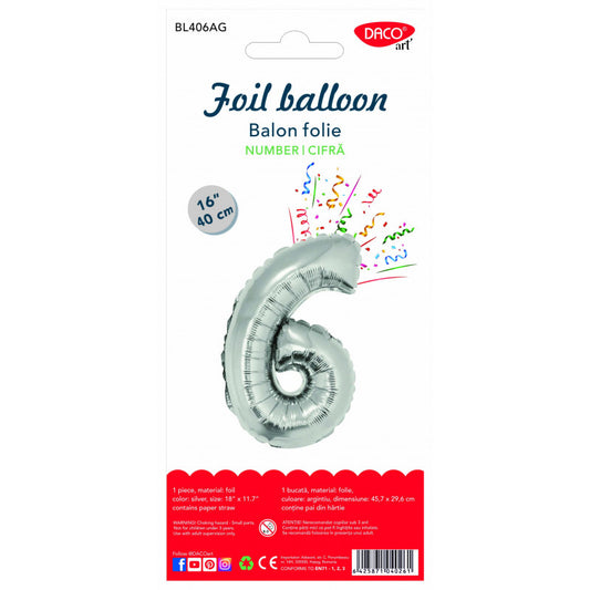 BALON FOLIE CIFRA 6 ARGINTIU 40 CM DACO BL406AG