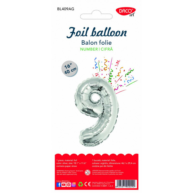 BALON FOLIE CIFRA 9 ARGINTIU 40 CM DACO BL409AG