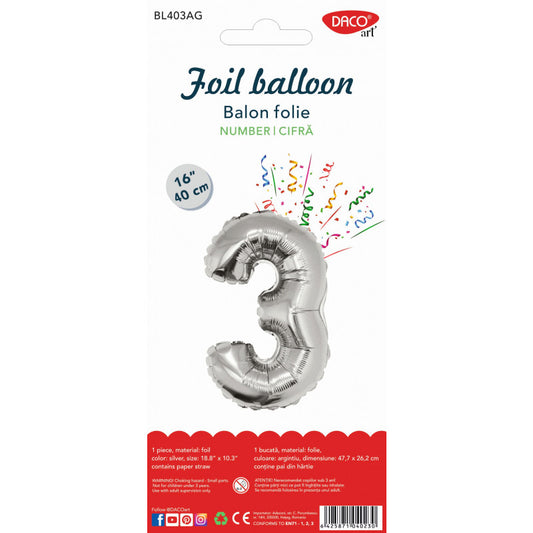 BALON FOLIE CIFRA 3 ARGINTIU 40 CM DACO BL403AG